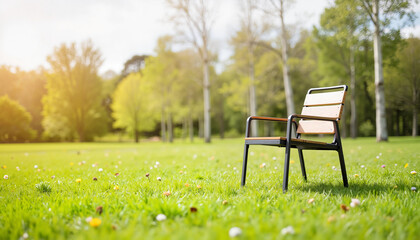 Modern chair placed on green grass in a sunny park setting