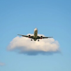 Obraz premium A commercial airplane taking off from the runway under a clear blue sky, symbolizing travel and adventure.