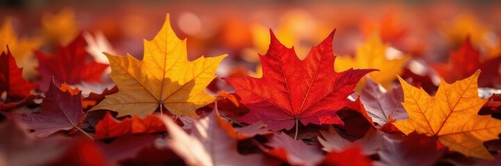 Close-up view of fallen maple leaves, rich colors, nature photography, autumn