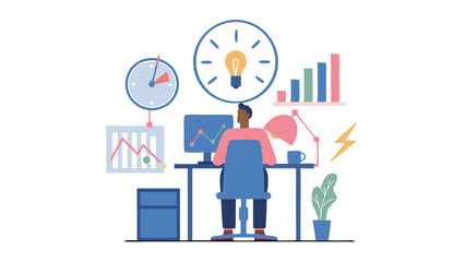 Illustration of a person working at a desk with charts clocks and a lightbulb representing productivity