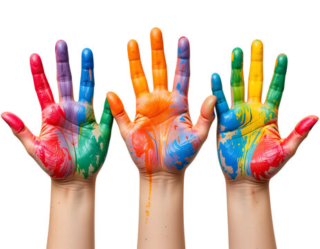 Colorful hand prints transparent background, 3 colorful hand PNG background, Creative Design Element, Children's Handprint Isolated PNG, - Powered by Adobe