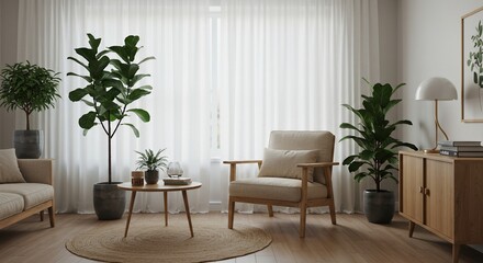 A cozy, bright living room with lush plants against white curtains, relax