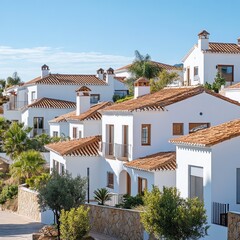 New construction homes in a Spanish suburb, white stucco walls and terracotta roofs