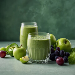 Two tall glasses of green smoothie are near fresh apples and grapes