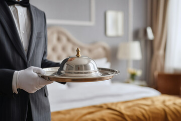 Butler serving meal with elegance in luxury suite. Room service at premium accommodation concept.