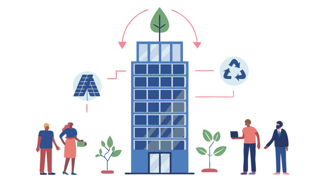 A sustainable building with solar panels, recycling symbol, and people promoting environmental awareness