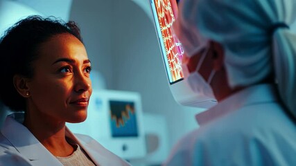 Woman doctor examines X-ray with colleague. Medical scan analysis with professional health care team in hospital clinic for diagnosis and treatment. - Powered by Adobe