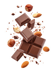 Flying chocolate bars with almonds and crumbs isolated on black background