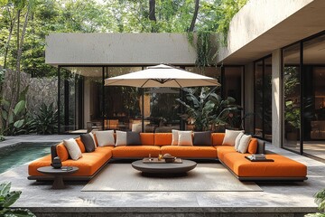 Modern outdoor seating area with orange and white corner sofa, two coffee tables, beige carpet, concrete floor, large umbrella, and pool in sunny relaxed setting