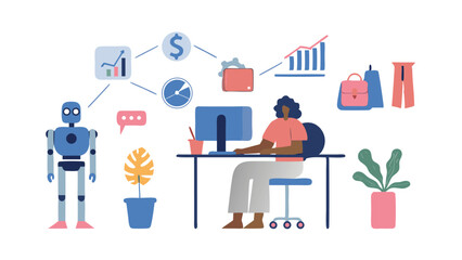 Woman working at desk with computer next to robot and business graphics on white background illustration