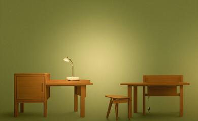 Minimalist office desk with abstract geometric shapes, embodying modern simplicity and creative elegance.
