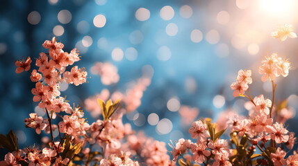 Delicate pink cherry blossoms in full bloom on slender branches close up against a vibrant blue sky, symbolizing spring renewal and natural beauty.