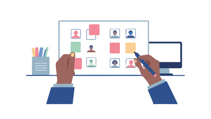 Hands organizing sticky notes on a digital board with employee profiles and a monitor nearby on desk