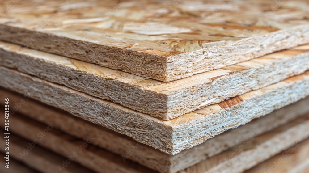 Poster Stack of Clean Oriented Strand Board Sheets Prepared for Construction Projects in a Workshop
