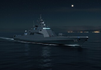 Obraz premium Futuristic stealth littoral combat ship navigating calm waters under a starry night sky
