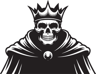 Skeleton King in Cloak and Crown – Dark Gothic Vector Illustration | Dark Skull King Silhouette Wearing a Crown on High Contrast Background