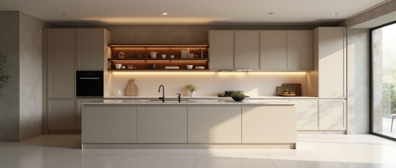 Fototapeta premium Modern minimalist kitchen , close up shot, beige cabinets floor to ceiling, combined with walnut wood open cabinets with led lights, floating ceiling. Natural light. 