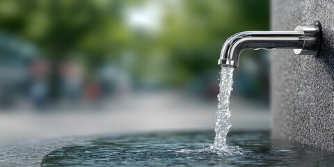Steel fountain: clear water arcing, spout to basin. Droplets on metal. Blurred urban background (park/sidewalk). Photorealistic, clean, refreshing, detailed.