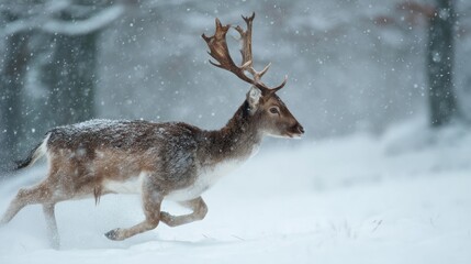 Obraz premium Fallow Deer Running in Snowstorm: A Winter Wonderland