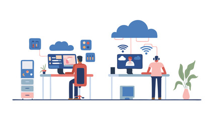 Two people working on computers connected to cloud services in a bright and clean office space area