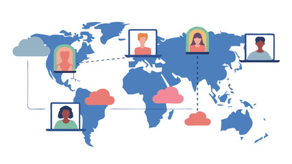 A world map with laptops showing people connected by dotted lines and cloud icons representing data storage