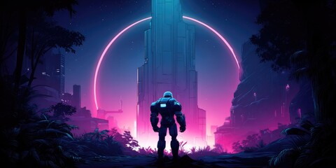 robotic android on an uninhabited alien planet wildlife and vegetation everywhere but one man made structure thats glowig, purple and pink neon colours, Aesthetic illustration