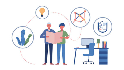 Illustration of two figures reading a book with science icons around them and a desk with computer