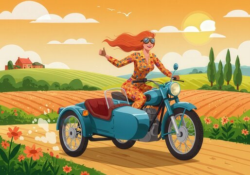 Woman joyfully riding a motorcycle with sidecar through picturesque countryside at sunset