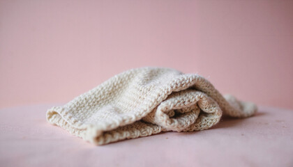 Soft knitted towel folded on a pink background  