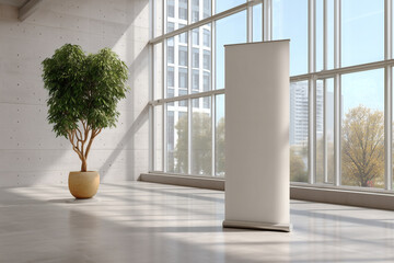 Blank banner stand near a window in a spacious, modern office with a tree. Interior advertising space.