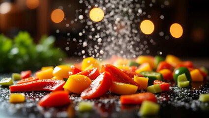 Colorful Sautéed Vegetables with Falling Salt – Dynamic Close-Up of Fresh Cooking in Warm Kitchen Light