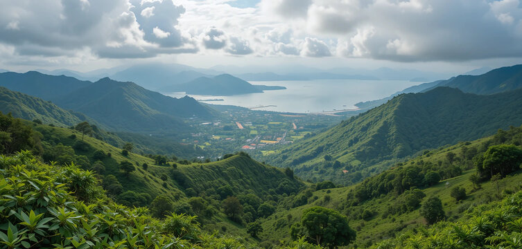 "Panoramic view from Araku Valley down to the coast of Vizag, lush green hills merging into the Bay of Bengal, tribal villages, coffee plantations, clouds casting soft shadows.