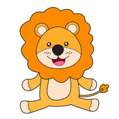 Cute cartoon baby lion sitting happily with a friendly smile. Black and white line art illustration for a children's coloring book. Safari animal.