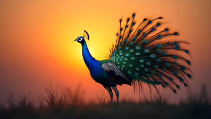 A vibrant peacock displaying its colorful feathers at sunset surrounded by glowing orange and purple hues creating a stunning majestic scene