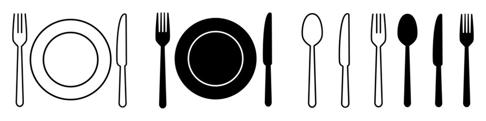 Dining Utensils and Plate Icon Set. Fork, Spoon, Knife, and Dish in Outline and Solid Styles. Vector Illustration.
