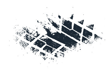 Mud tire tracking. Dirt track from the car wheel protector. Tire mark silhouette. Grunge overlay texture. Abstract black pattern. Vector illustration, EPS 10.