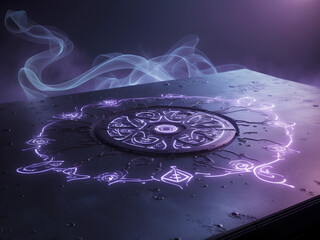 Mystical Chamber: An ancient stone altar pulsates with mystical energy, illuminated by ethereal smoke, creating a sense of intrigue and wonder in a dimly lit chamber.