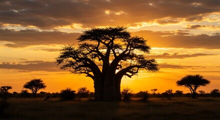 Obraz premium Silhouetted baobab tree at sunset in African savanna landscape with cloudy sky