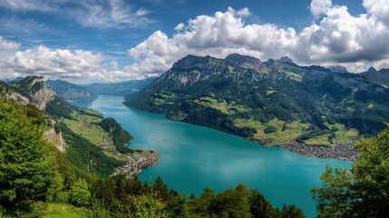 The lake scenery is green, the mountains are blue and cloudy, and the blue sky is white clouds. The poster art style and details capture the bird's-eye view and natural beauty of the ground.