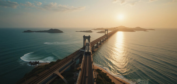 "Pamban Bridge stretching across turquoise waters connecting Rameswaram to the mainland, train crossing above ocean, golden hour lighting with long shadows, distant island visible.