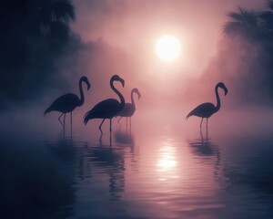 Naklejka premium Flamingo birds at sunrise