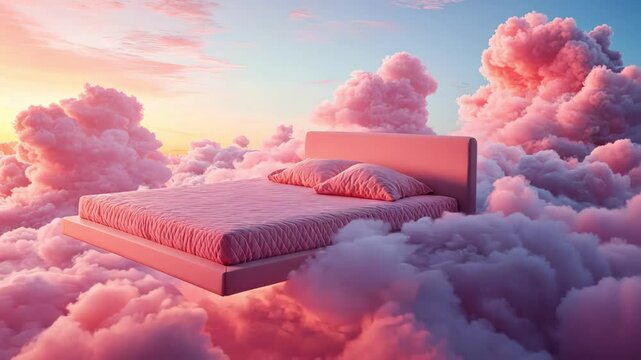 Pink bed floating in soft clouds during dreamy sunset, concept for relaxation, dream, sleep, and travel.