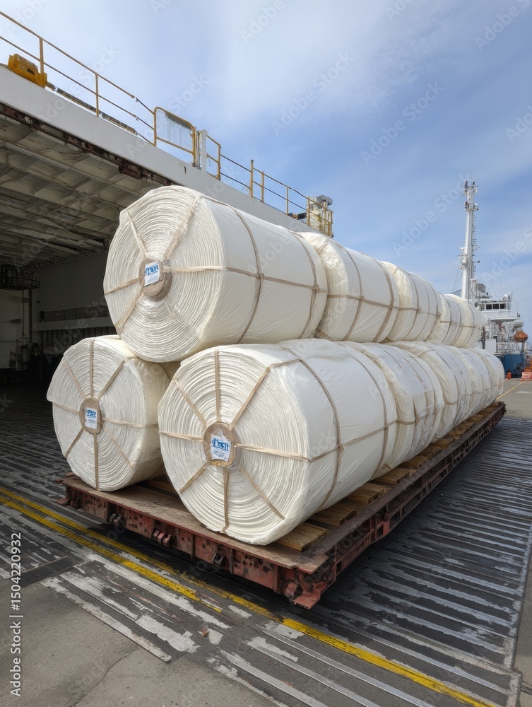 Aufkleber stretch-wrapped insulation rolls stacked on cargo platform with clear sky in the background