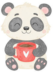Cute watercolor panda with coffee mug