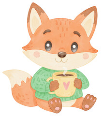 Cute watercolor fox in green sweater holding coffee cup