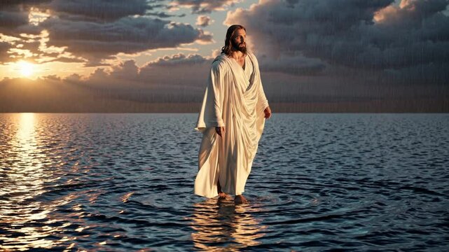 Jesus walking on water during sunset against a cloudy sky  