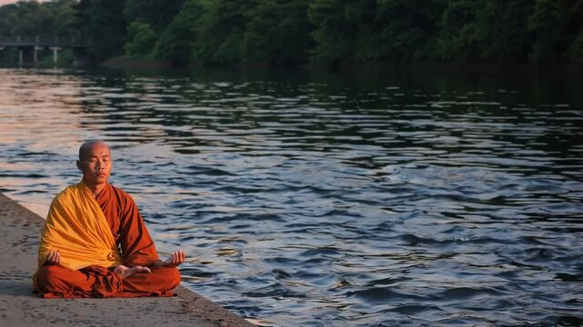 Buddhist monk meditating by the river during sunset with copy spax