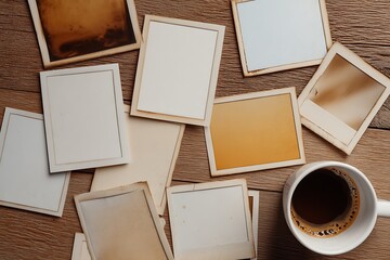 A collection of blank polaroid photos scattered on a wooden surface with a cup of coffee nearby