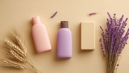Natural hair care products displayed with lavender sprigs and wheat