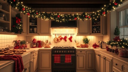 Festive kitchen scene with warm lights, garland, and holiday decorations. Cozy atmosphere for baking treats.